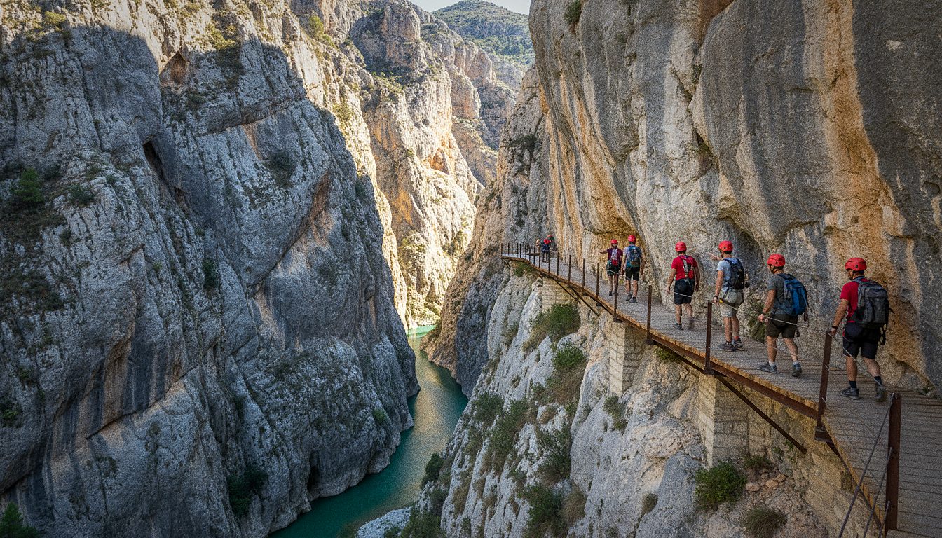 Grupo de visitantes com capacete a caminhar pelo passadiço do Caminito del Rey durante uma visita guiada