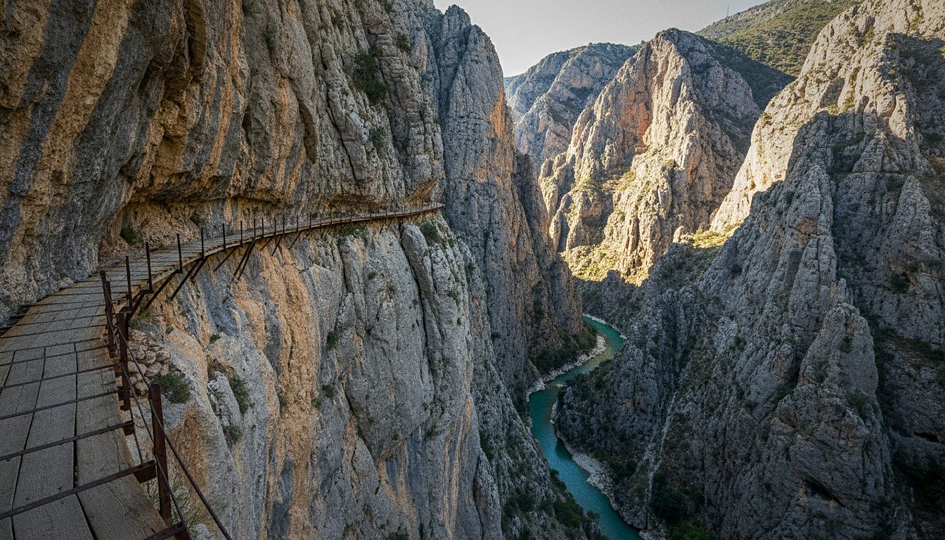 Passadiço suspenso do Caminito del Rey fixado à parede rochosa do desfiladeiro dos Gaitanes, em El Chorro