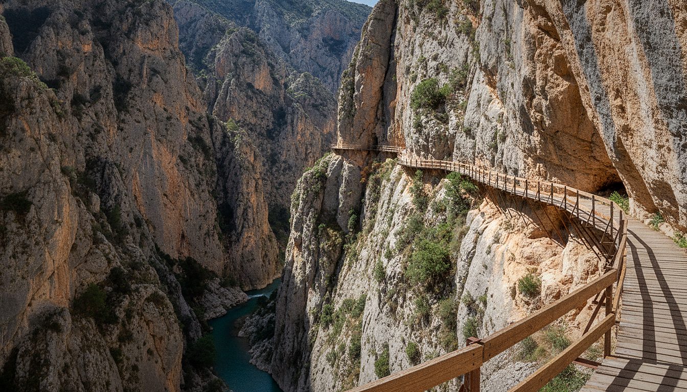 Caminhante a atravessar o passadiço suspenso do Caminito del Rey fixado à rocha do desfiladeiro dos Gaitanes, em El Chorro